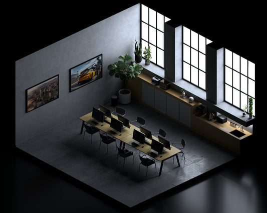 an overhead view of a conference room with tables and chairs