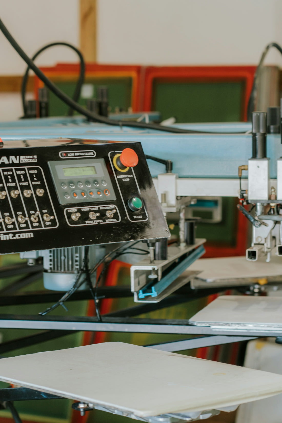 Close up of a screen printing machine control panel