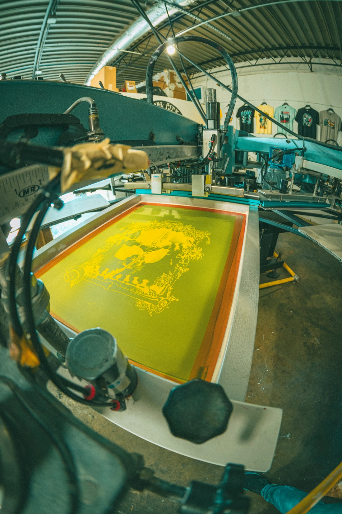 Screen printing machine with yellow ink design
