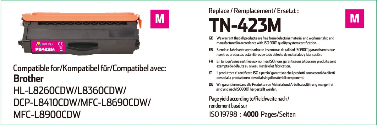 Brother TN-423M High Capacity Magenta Toner Cartridge Compatible